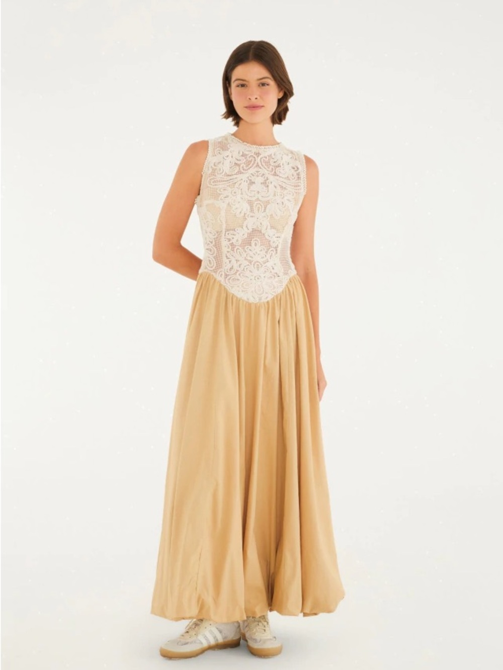 FARM Rio Beige Lace Bodice Maxi Dress Small Boho Cotton Blend S/M